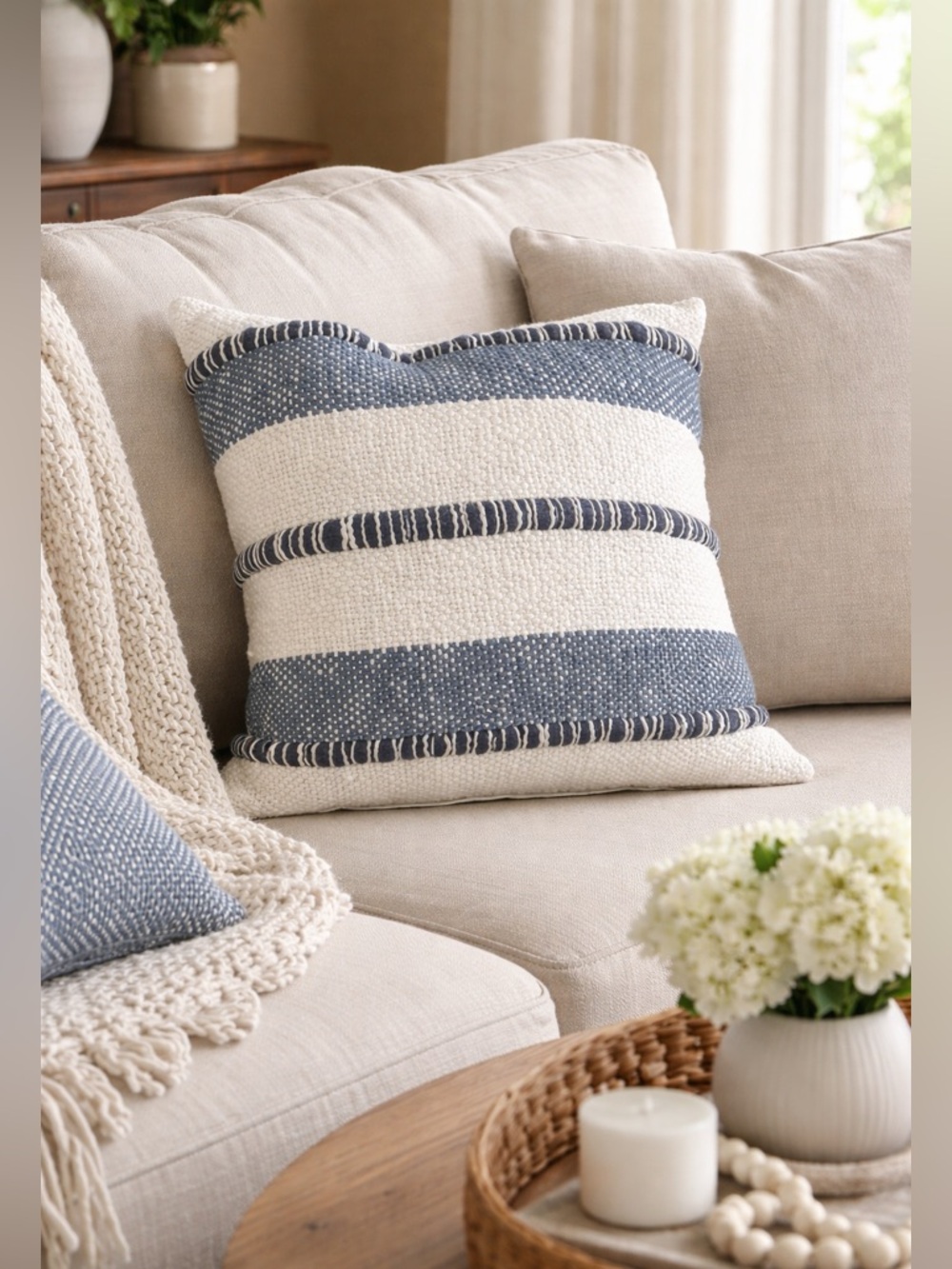 UGG Textured Woven Stripe Decorative Throw Pillow Blue Ivory Coastal Farmhouse